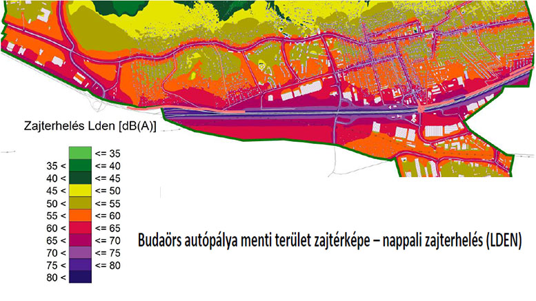 Budaörs autópálya menti terület zajtérképe – nappali zajterhelés (LDEN) Budaörs autópálya